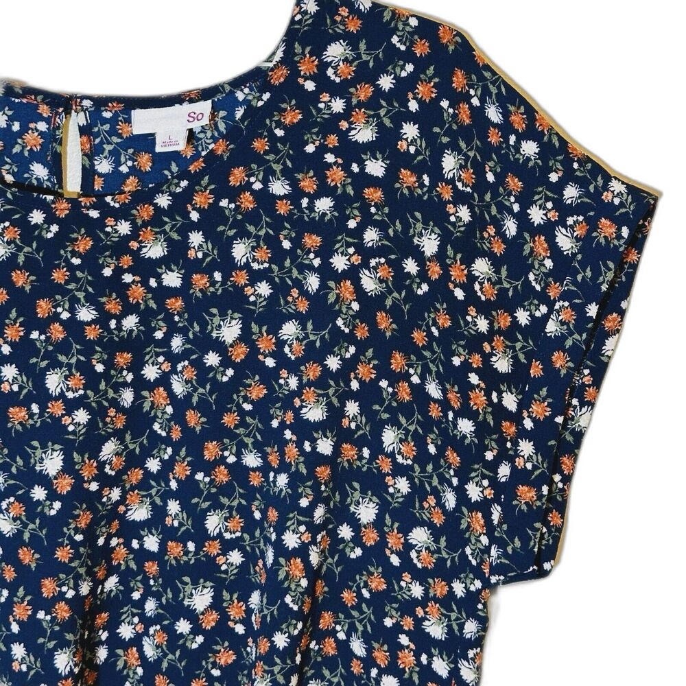 Women's Junior L Floral Blouse Navy Blue Burnt Orange Beige Twisted Front Hem SS